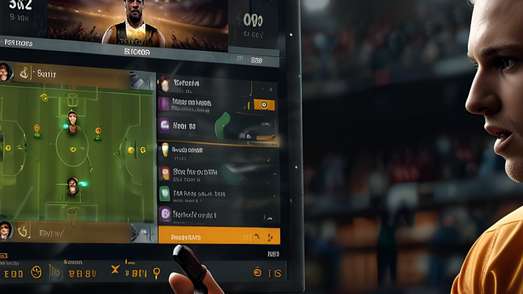 An action-packed sports scene showing a football or basketball game in progress, with live betting odds displayed dynamically in the foreground. The odds fluctuate in real-time, representing various potential outcomes of the match. A bettor watches intently on a screen while placing a bet using a mobile app. The image captures the excitement and intensity of live betting, emphasizing elements like strategy, momentum shifts, and real-time engagement, with clean and sharp visuals highlighting both the game and the betting interface.