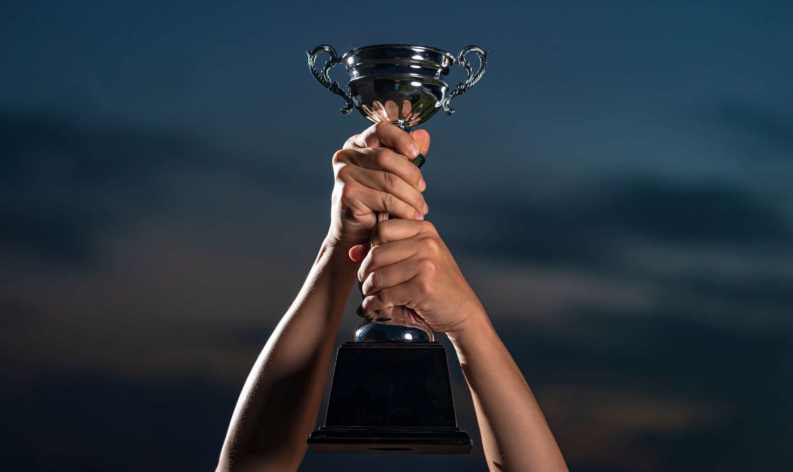 a man holding up a trophy cup on against cloudy twilight sky background, The winner and successful concept