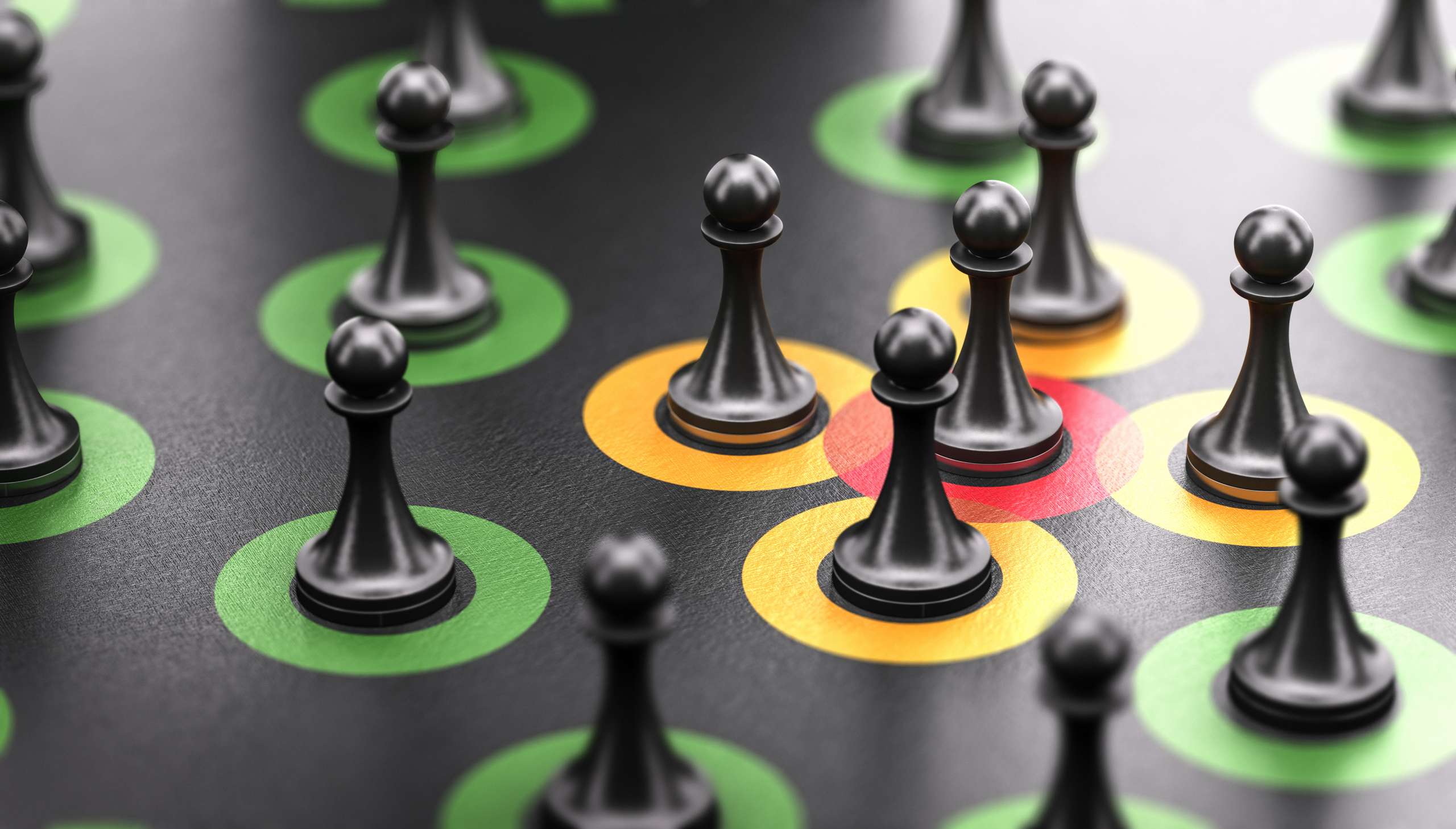 3d illustration of pawns over black background with red, orange and green circles representing social distancing, safe and infected people.